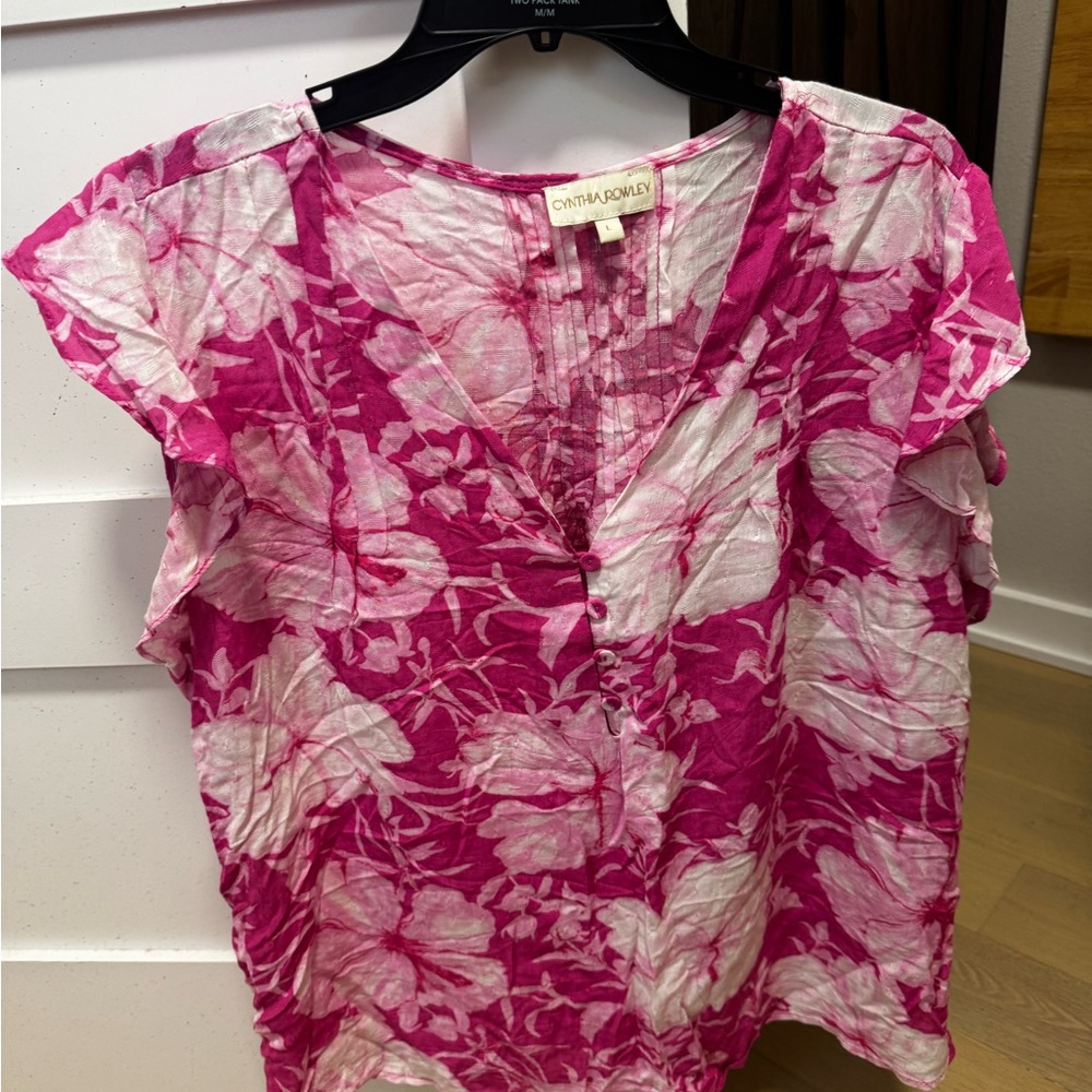 Cynthia Rowley Pink Flutter Sleeve Graphic Blouse